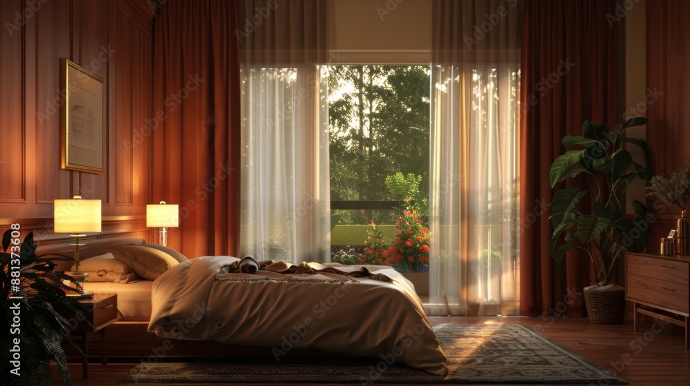 Modern Bedroom with Large Window and Garden View. Modern Bedroom with Large Window and Garden View.