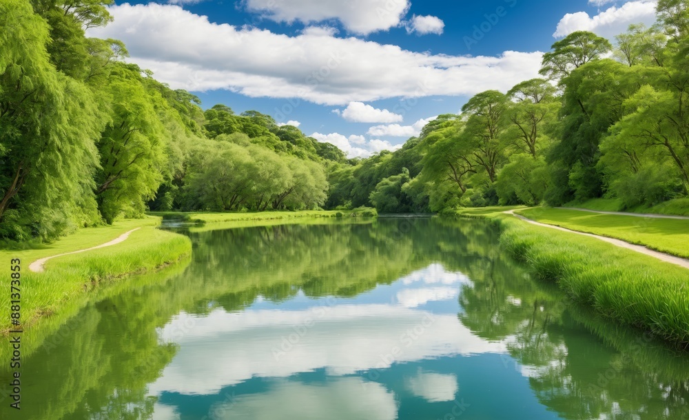 Serene River with Lush Green Reflections Serene River with Lush Green Reflections