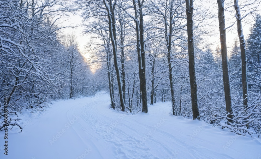 Fototapeta premium Snow-Covered Forest Path in Winter