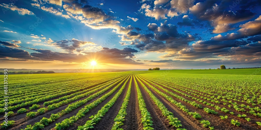 Agriculture crops growing in a vast field under the sunny sky, agriculture, crops, field, farming, plants
