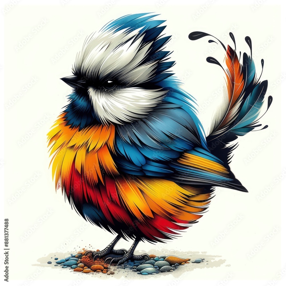Obraz premium Colorful cute finch, vector, white, colorful, detailed, graffiti, portrait sitting on the ground, cartoon, fantasy, shirt, icon, detailed