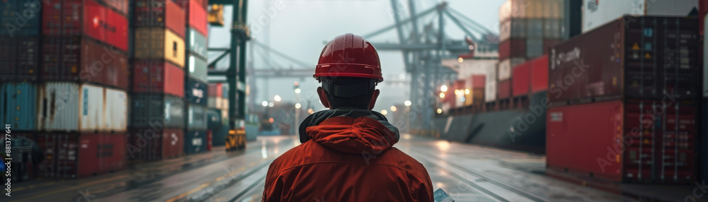 Dock worker wearing a red hard hat overseeing shipping containers at a busy port, representing logistics and transportation. Dock worker wearing a red hard hat overseeing shipping containers at a busy port, representing logistics and transportation.