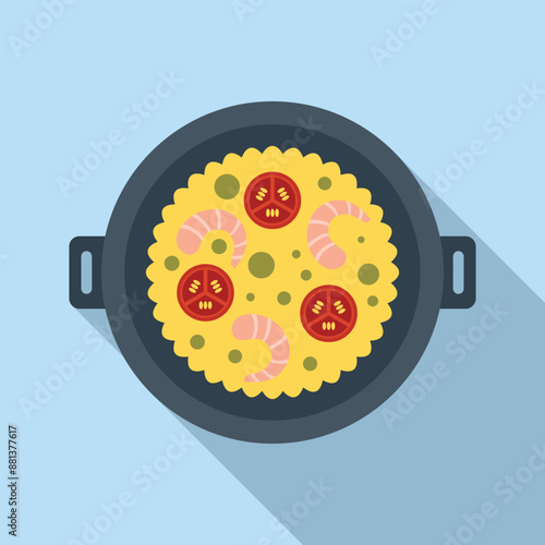 Traditional spanish paella cooking in a pan with rice, shrimp, and tomatoes