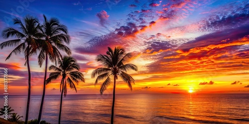 Vibrant sunset over ocean with silhouette of palm trees, Sunset, vibrant, ocean, palm trees, silhouette, sky, clouds, orange