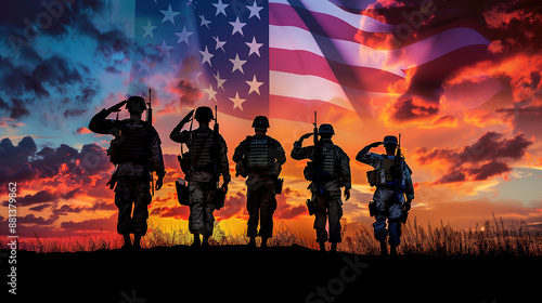 Silhouettes of Soldiers Saluting with the American Flag Against a Dramatic Sunset
