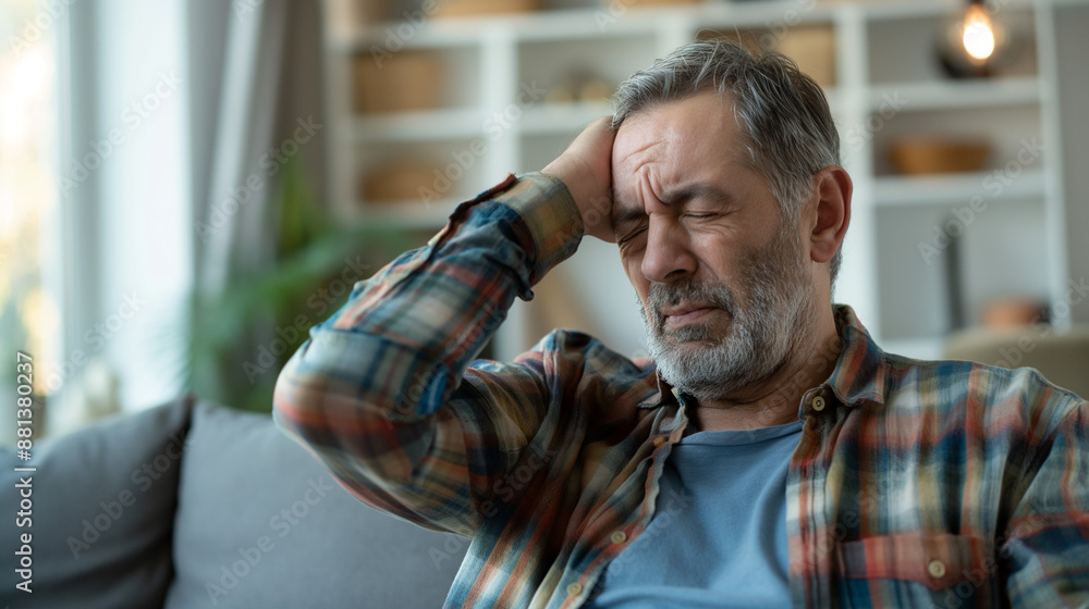 A middleaged man in his living room has neck pain and holding the back of her head A middleaged man in his living room has neck pain and holding the back of her head