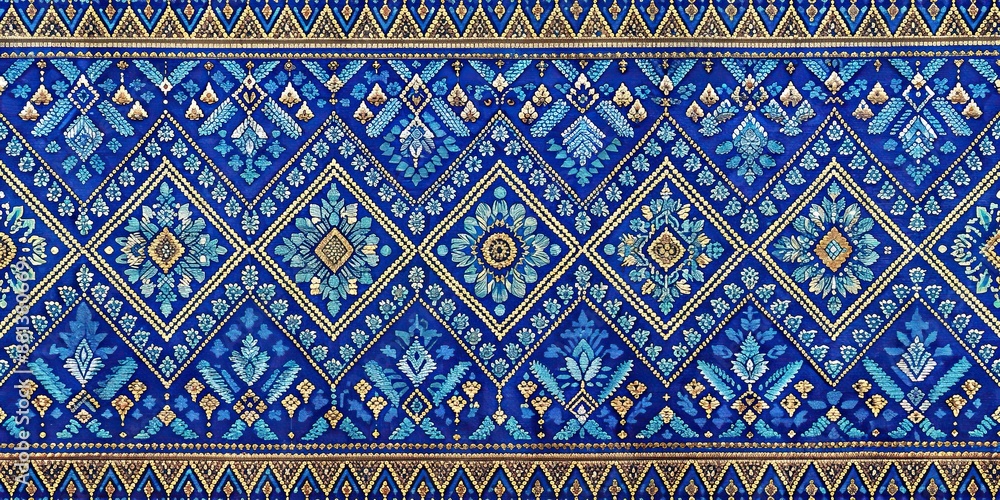 Traditional Thai style fabric pattern with intricate blue designs, Thai, style, fabric, pattern, blue, traditional Traditional Thai style fabric pattern with intricate blue designs, Thai, style, fabric, pattern, blue, traditional