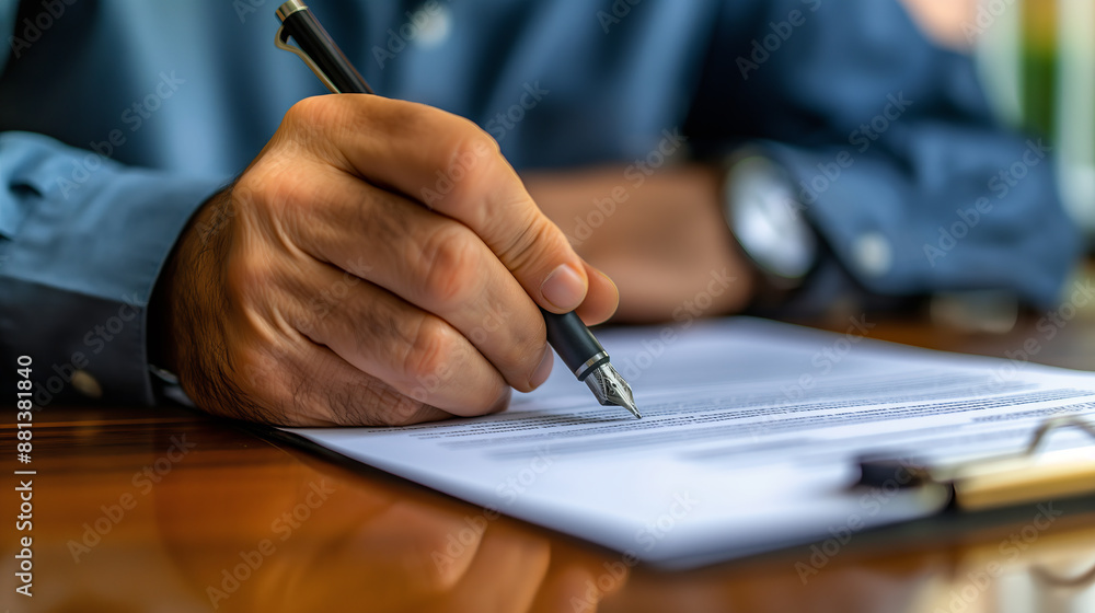 Man Signing Important Document at Desk, Close-Up Man Signing Important Document at Desk, Close-Up