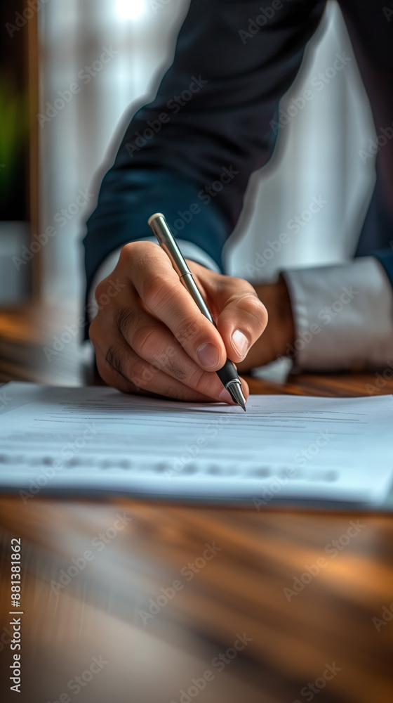Man Signing Important Document at Desk, Close-Up Man Signing Important Document at Desk, Close-Up