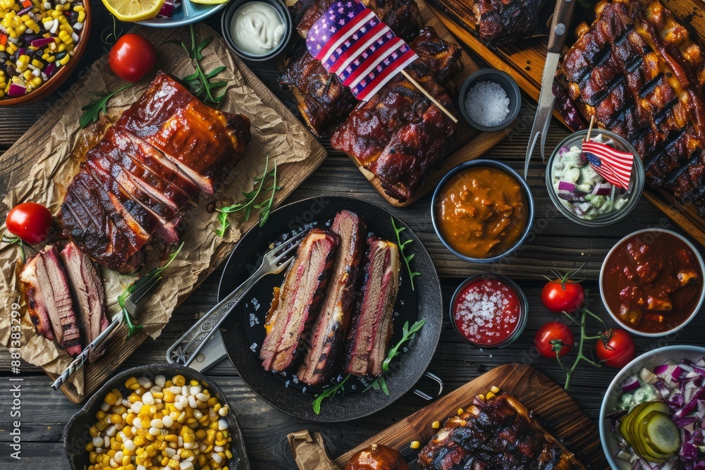 Hot Summer Barbecue: The Fourth of July Patriotic outdoor barbecue feast, generative artificial intelligence Hot Summer Barbecue: The Fourth of July Patriotic outdoor barbecue feast, generative artificial intelligence