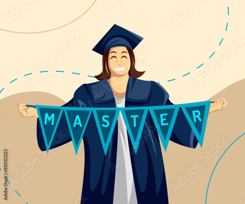 young man in cap and gown holding banner of happy graduate master celebrating his master's degree