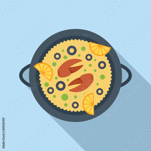 Traditional spanish paella dish with saffron rice, shrimps, peas and olives being served in a paella pan