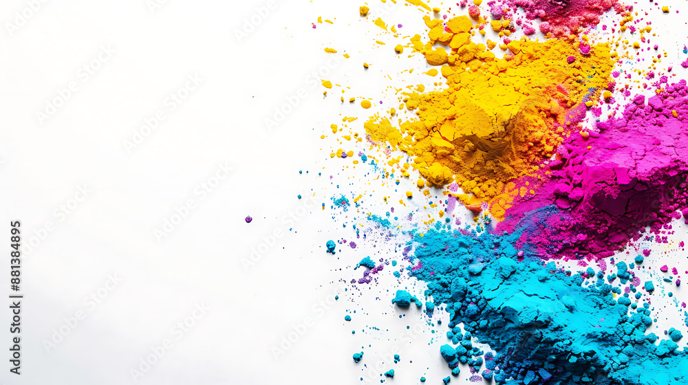 Obraz premium Holi colors powder on white background poster with copy space for text. holi 2024, hindu holi festival, Holi wallpaper, happy holi happy holi, hindu holi white poster, banner, flyer, indian holi.