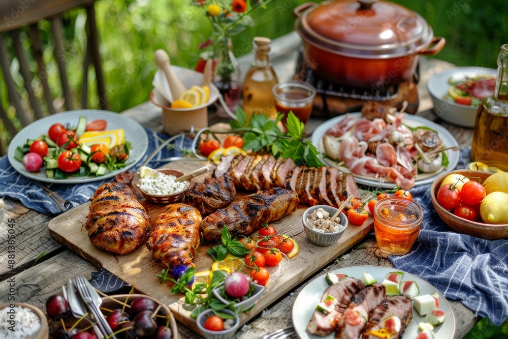 Hot Summer Barbecue: The Fourth of July Patriotic outdoor barbecue feast, generative artificial intelligence Hot Summer Barbecue: The Fourth of July Patriotic outdoor barbecue feast, generative artificial intelligence