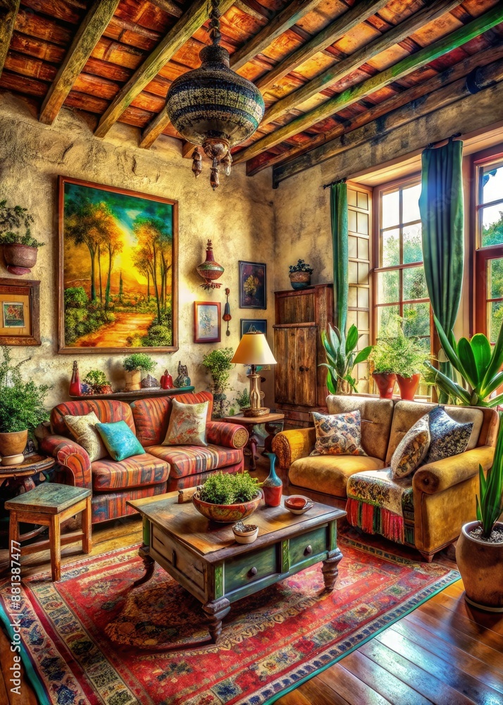 Colorful Mexican-Style Living Room With Exposed Wooden Beams and Vintage Furnishings. Generative AI Colorful Mexican-Style Living Room With Exposed Wooden Beams and Vintage Furnishings. Generative AI