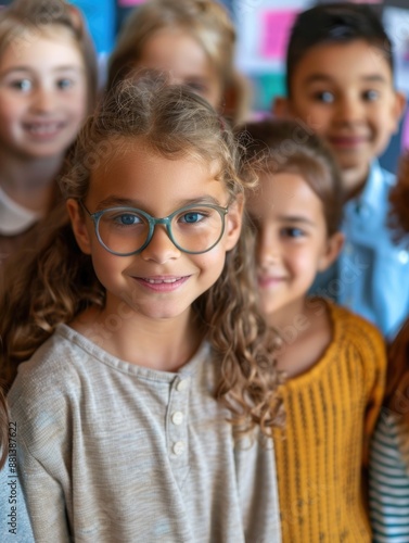 Group of kids standing side by side, possibly waiting or gathered around something