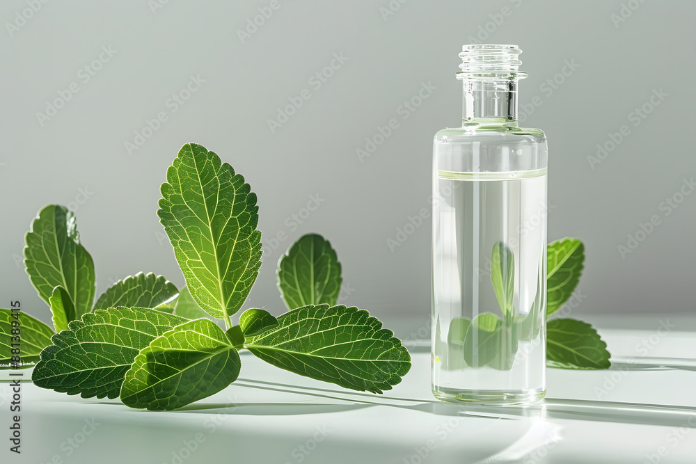 Stevia liquid in a transparent bottle and fresh stevia sprigs isolated on a white background.Stevia rebaudiana.Vegetable sweetener.Alternative Low Calorie Vegetable Sweetener.Sugar substitute. Natural Stevia liquid in a transparent bottle and fresh stevia sprigs isolated on a white background.Stevia rebaudiana.Vegetable sweetener.Alternative Low Calorie Vegetable Sweetener.Sugar substitute. Natural