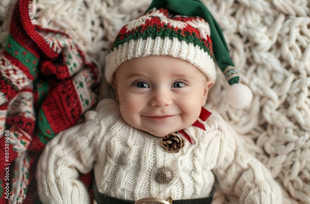 A cute smiling baby in an elf costume on a light background, in a top view, with a red and green color scheme. The baby wears a white sweater with a black belt that has a silver Christmas tree A cute smiling baby in an elf costume on a light background, in a top view, with a red and green color scheme. The baby wears a white sweater with a black belt that has a silver Christmas tree