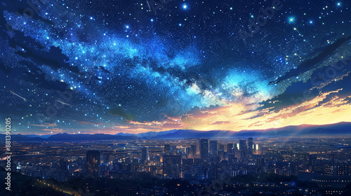Breathtaking anime landscape where city lights twilight © Yellow