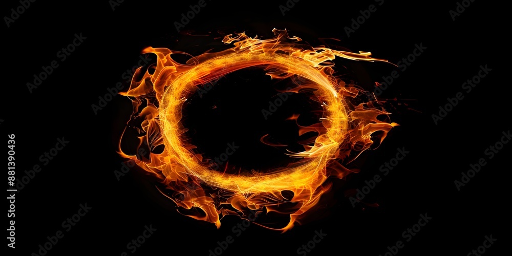 Fototapeta premium Circle of Fire flame with movment on black background, Beautiful yellow, orange and red and red blaze fire flame texture style