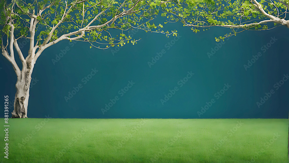 Obraz premium a big green leafy tree with color isolate background , tree branches on a green lawn ,a serene and picturesque scene