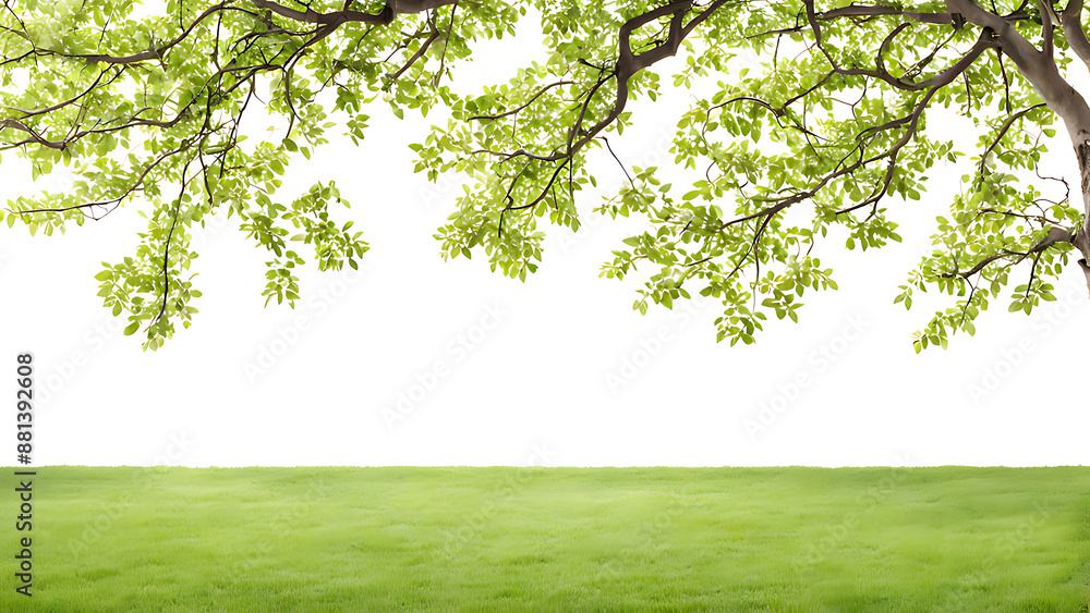 Obraz premium a big green leafy tree with color isolate background , tree branches on a green lawn ,a serene and picturesque scene