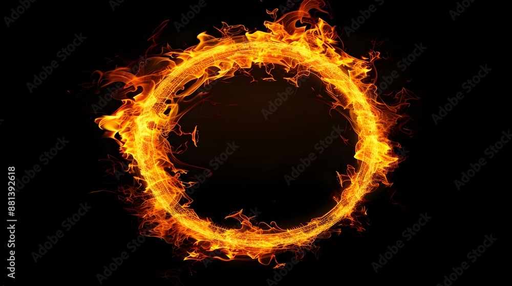 Fototapeta premium Circle of Fire flame with movment on black background, Beautiful yellow, orange and red and red blaze fire flame texture style