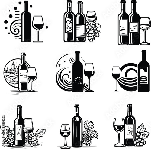 wine bottle, glass collection silhouette black and white vector illustration 
