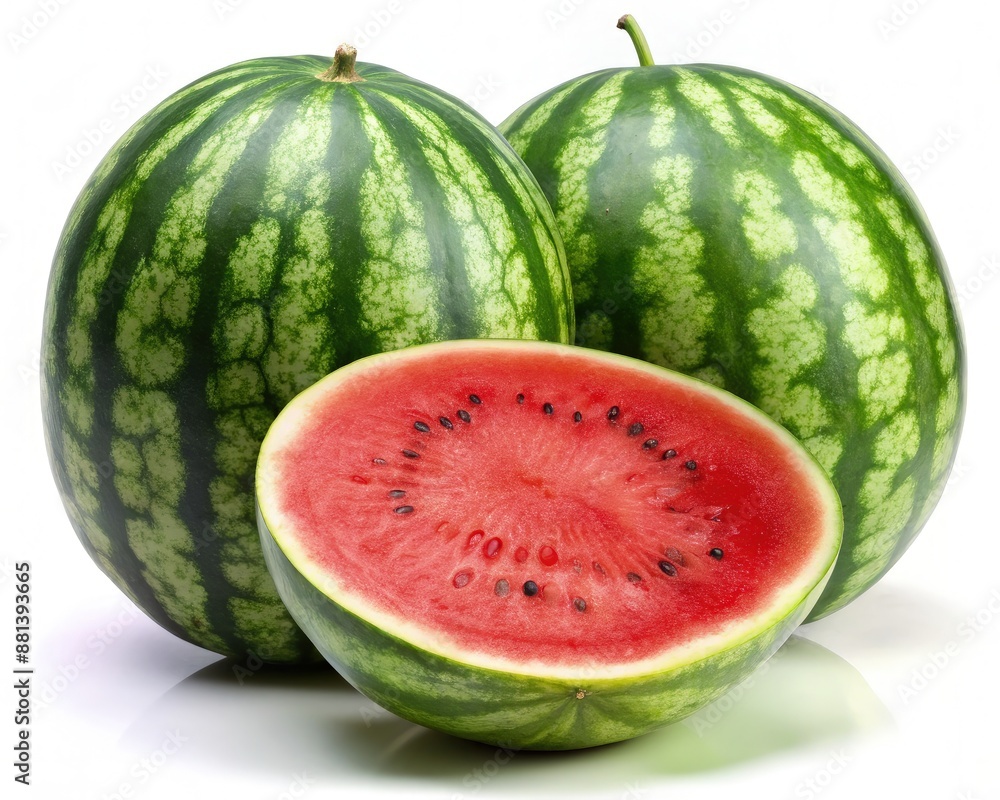 Two Whole Watermelons and One Sliced Watermelon on a White Surface. Generative AI Two Whole Watermelons and One Sliced Watermelon on a White Surface. Generative AI