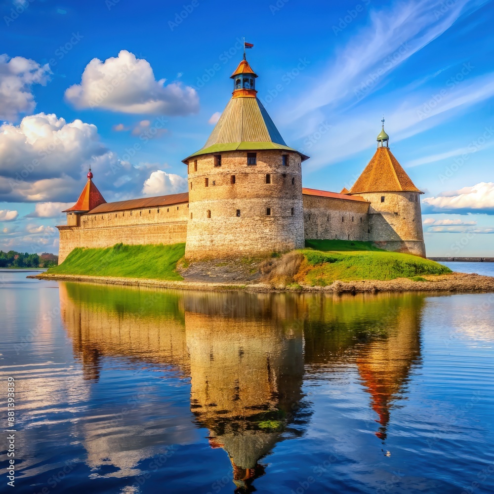 Oreshek Fortress Reflecting in Calm Water on a Sunny Day. Generative AI Oreshek Fortress Reflecting in Calm Water on a Sunny Day. Generative AI