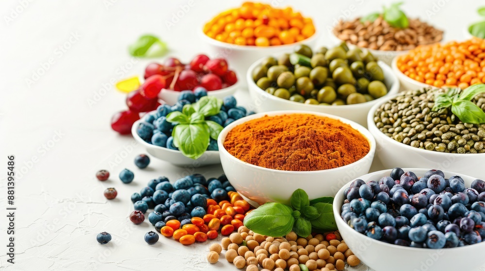 Assorted fresh berries, spices, and herbs in white bowls on a table, showcasing a colorful and vibrant variety of natural ingredients. Assorted fresh berries, spices, and herbs in white bowls on a table, showcasing a colorful and vibrant variety of natural ingredients.