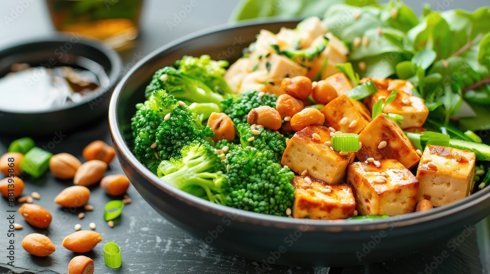 Healthy vegan meal with tofu, broccoli, and peanuts in a bowl, garnished with greens. Perfect for nutritious, plant-based diets and clean eating. Healthy vegan meal with tofu, broccoli, and peanuts in a bowl, garnished with greens. Perfect for nutritious, plant-based diets and clean eating.