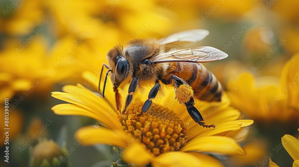 Honeybee Gathering Pollen on a Yellow Flower Honeybee Gathering Pollen on a Yellow Flower