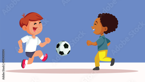 Kids Playing Soccer Together Vector Cartoon illustration. Cheerful children having fun with sports activity 
