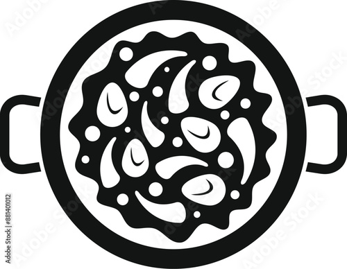 Black and white icon of a paella pan containing seafood and rice, a traditional spanish rice dish