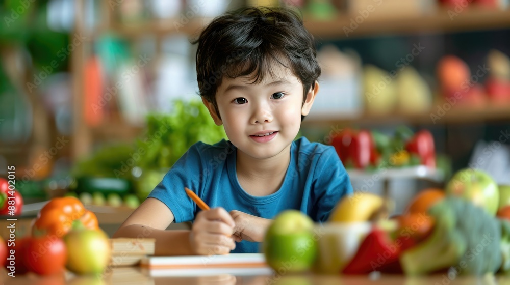 Fototapeta premium Cheerful kid drawing at a table surrounded by colorful fruits and vegetables in a bright, cheerful setting.