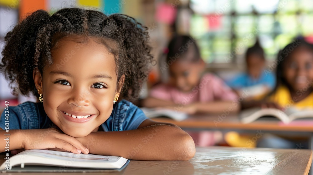Smiling young girl in a classroom, reading a book with other students, embracing the joy of learning and education. Smiling young girl in a classroom, reading a book with other students, embracing the joy of learning and education.