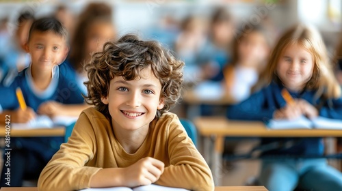Smiling young boy sitting in a classroom with other students, focusing on their work, representing education, learning, and happiness.