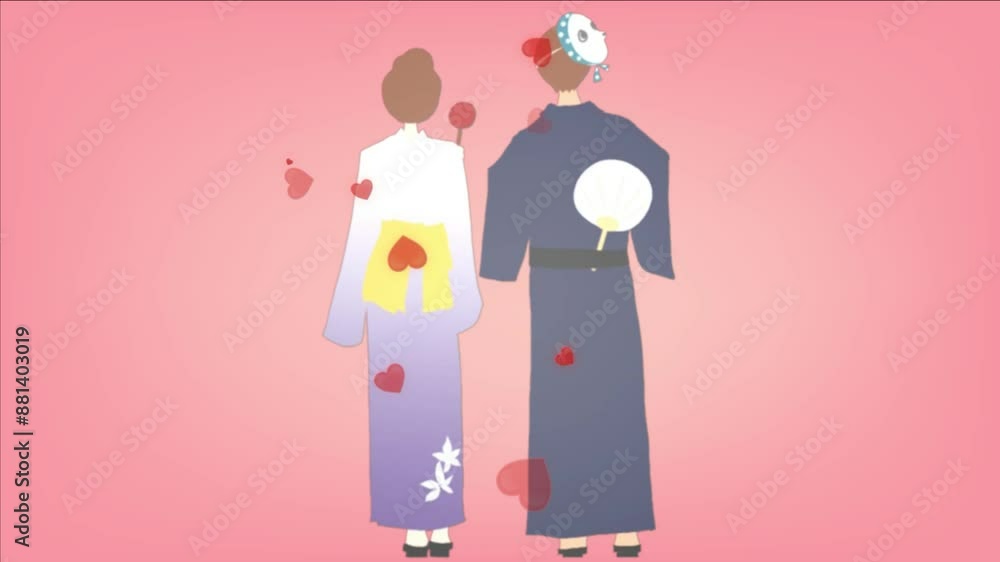 Japanese Couple in Traditional Kimono With Hearts and Love Concept Japanese Couple in Traditional Kimono With Hearts and Love Concept