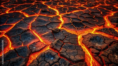 Glowing Lava Flowing Through Cracked Earth In Volcanic Hell Floor. Generative AI