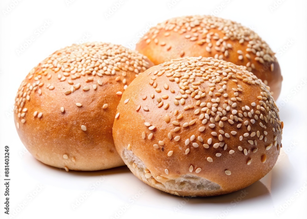 Three Fresh Sesame Seed Buns Ready for Sandwiches. Generative AI Three Fresh Sesame Seed Buns Ready for Sandwiches. Generative AI
