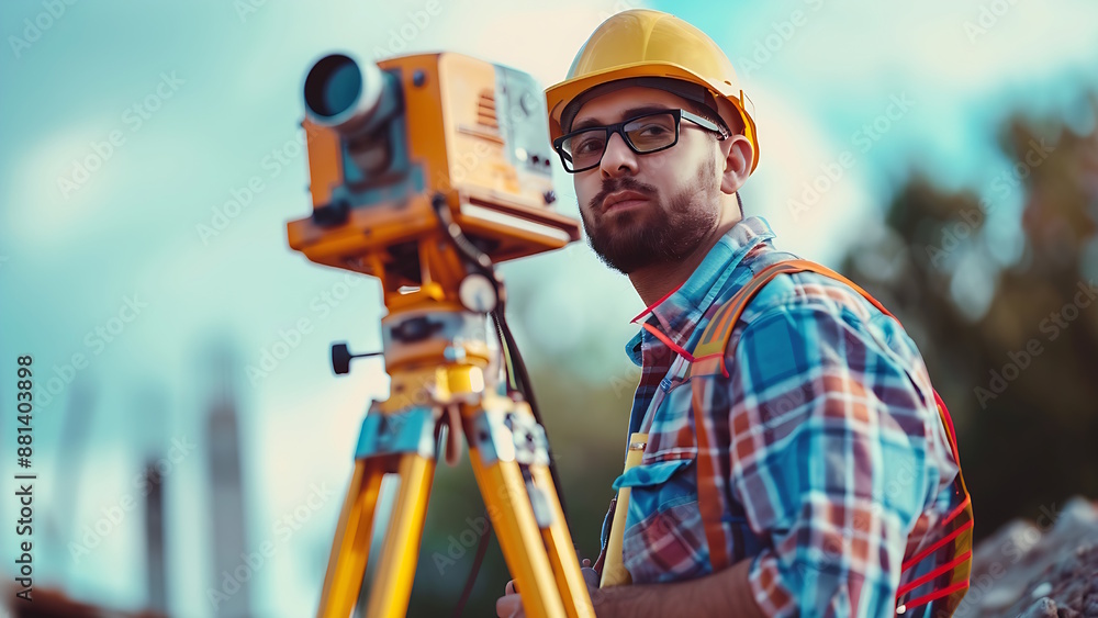Surveyor Engineer wearing safety uniform, helmet with theodolite equipment to measure position on construction site. Surveyor Engineer wearing safety uniform, helmet with theodolite equipment to measure position on construction site.