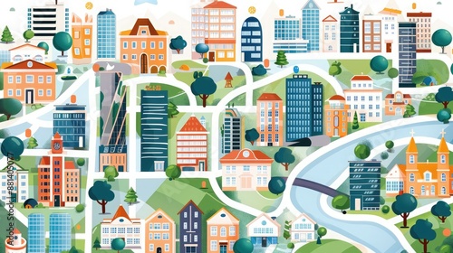 Colorful illustrated cityscape with various buildings and greenery, showcasing an urban scene with diverse architecture and vibrant design.