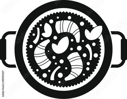 Black and white icon of a pan containing shrimps and spices, representing asian cuisine