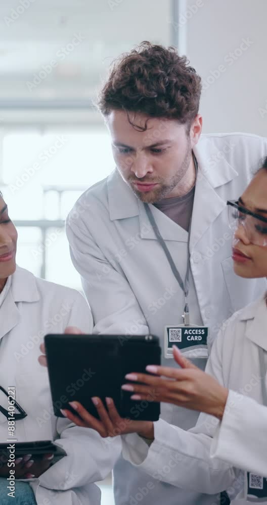 People, medical and engineer with tablet in lab for research, discussion and collaboration of experiment solution. Scientist, teamwork and digital, report results and support for health innovation People, medical and engineer with tablet in lab for research, discussion and collaboration of experiment solution. Scientist, teamwork and digital, report results and support for health innovation