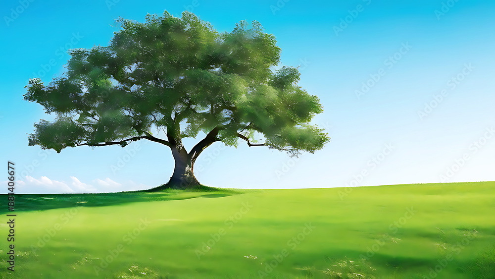 a big green leafy tree with color isolate background , tree branches on a green lawn ,a serene and picturesque scene a big green leafy tree with color isolate background , tree branches on a green lawn ,a serene and picturesque scene