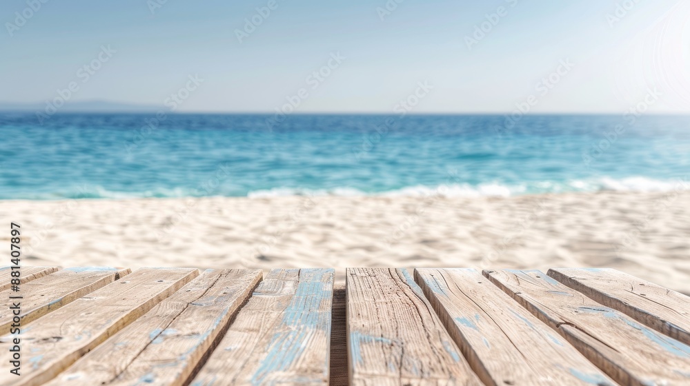 Serene Beach Vibe - Empty Wooden Table Overlooking Vibrant Blue Sea and Clear Sky Horizon Serene Beach Vibe - Empty Wooden Table Overlooking Vibrant Blue Sea and Clear Sky Horizon