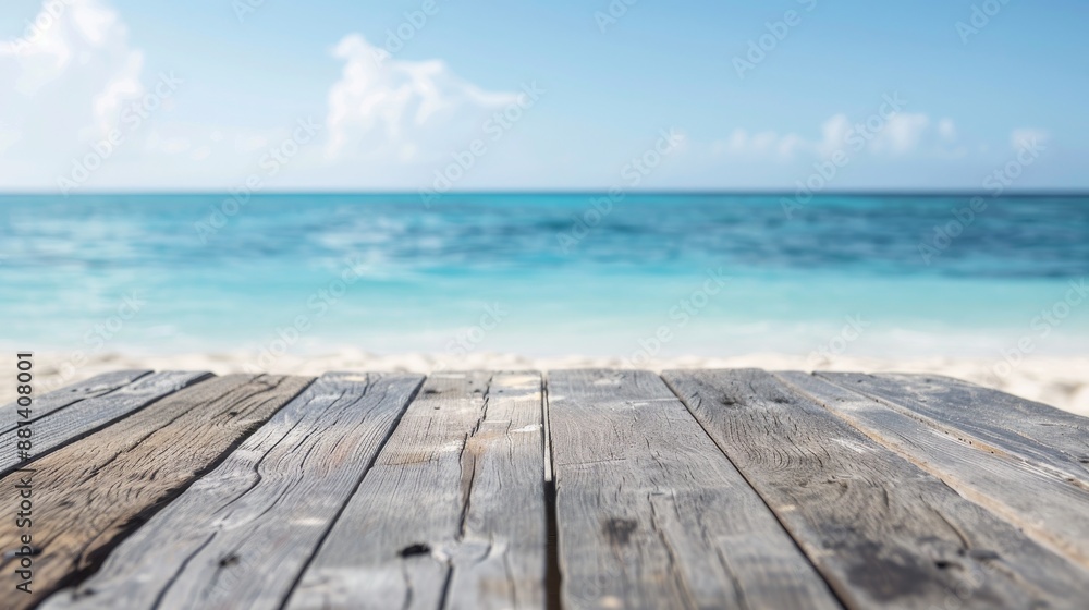 Serene Beach Escape - Wooden Table with Blue Waters and Sunny Sky Serene Beach Escape - Wooden Table with Blue Waters and Sunny Sky