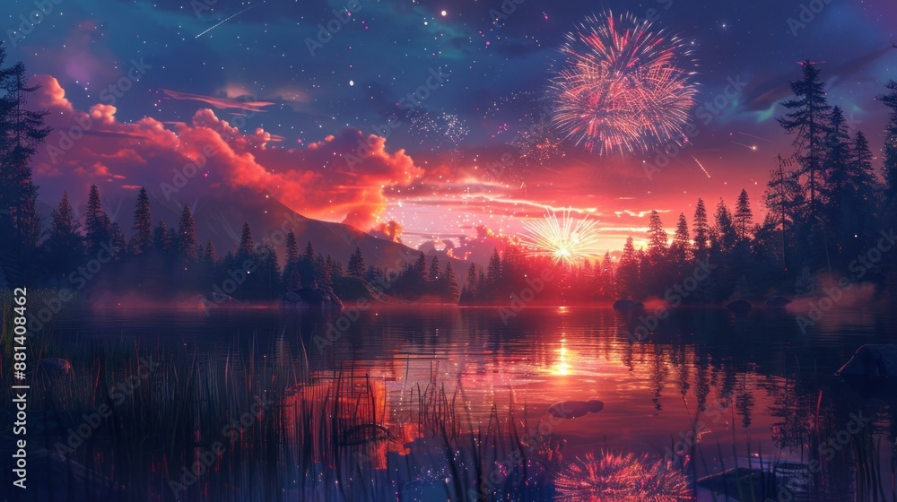 A beautiful fireworks display over a serene lake with a stunning sunset backdrop in a forested landscape during a summer festival. A beautiful fireworks display over a serene lake with a stunning sunset backdrop in a forested landscape during a summer festival.