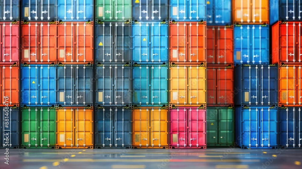 Fototapeta premium Colorful stacked shipping containers at a port. Logistics and global trade concept with vibrant container arrangement.